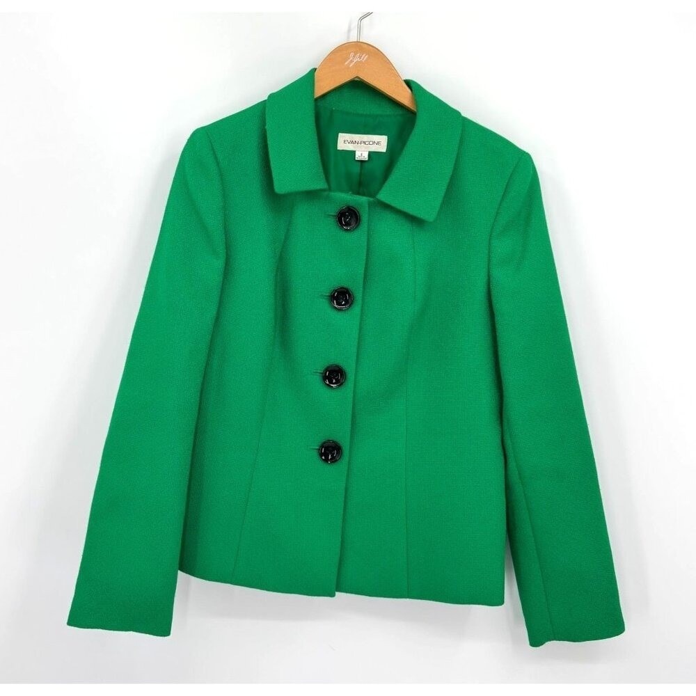 Evan Picone Blazer Womens Size 8 Kelly‎ Green Button Up Career Contrast Button